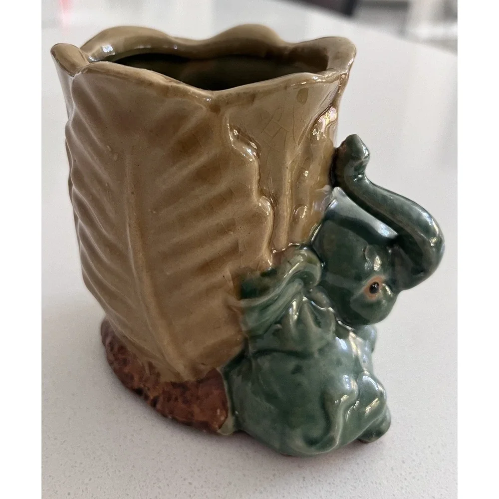 Vintage Majolica Pottery Ceramic Elephant Vase
